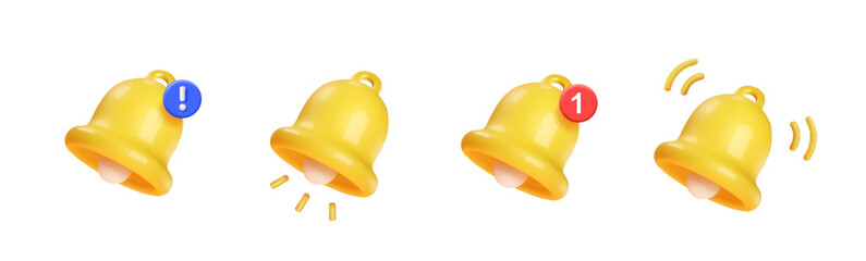 Notification Ring Bell Set Icon. 3d Social media Reminders, Subscription notices, incoming new messages, isolated alarm sign for apps