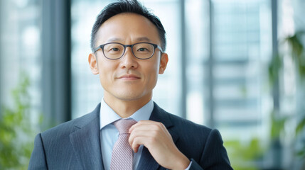 confident Asian man in his 40s wearing suit and glasses stands in modern office setting, adjusting his tie with slight smile