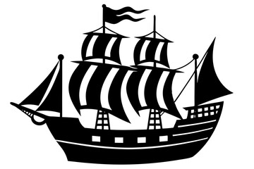 pirate ship black silhouette vector, Simple silhouette Design vector icon with white background.