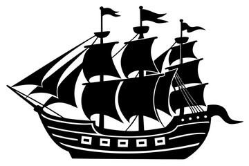 pirate ship black silhouette vector, Simple silhouette Design vector icon with white background.