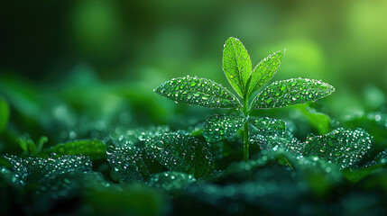 Fresh green plant with water droplets in a sunlit forest setting during early morning