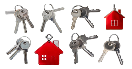 Various Keys and a Red House Symbol on a White Background, isolated on transparent background