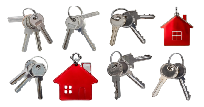 Various Keys and a Red House Symbol on a White Background, isolated on transparent background - Powered by Adobe