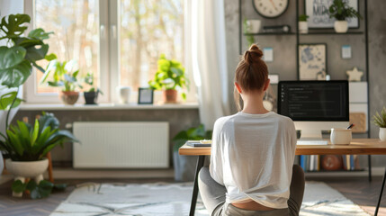 Woman Practicing Mindfulness Meditation at Home Office Desk - Wellness and Technology Concept.