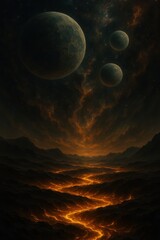 Lava River Under Starry Sky and Planets Mobile Wallpaper