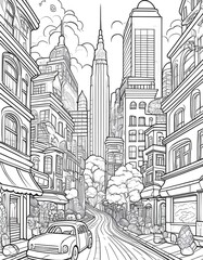 Obraz premium Coloring Page NYC Street View with Skyscrapers and Car. Printable Cityscape Illustration.