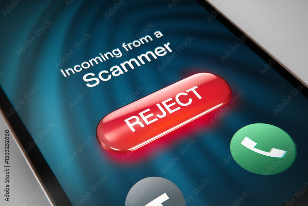 Poster smartphone screen displays incoming call from scammer, red 