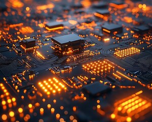 Circuit board close-up at night