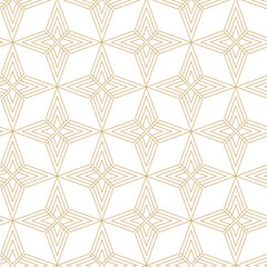 Abstract geometric pattern with crosses, stripes, lines. Seamless vector background. White and gold ornament. Modern reticulated graphic design.