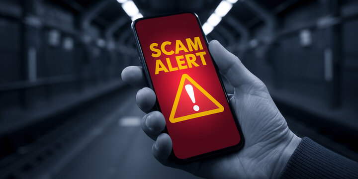 Hand holding smartphone displaying red scam alert warning sign, cautionary message, symbolizing online fraud prevention, security
