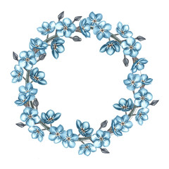 A wreath of forget-me-nots. Hand-made watercolor illustration. A color image of a round frame. For greeting cards and invitations for birthday, anniversary or wedding. For packaging, labels and poster