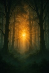 Sunlight Through Misty Forest Trees