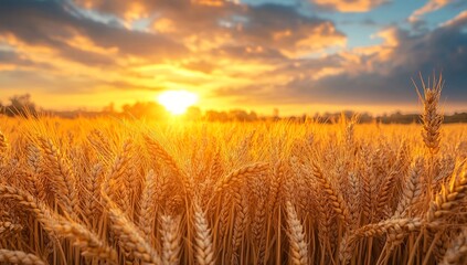 Naklejka premium Golden wheat field at sunset. Warm colors and beautiful light.