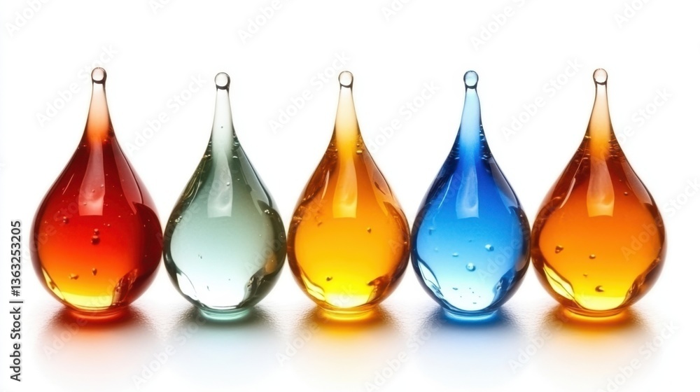 Poster vivid glass drops in a row capturing light and color play on white background in studio shot with hi