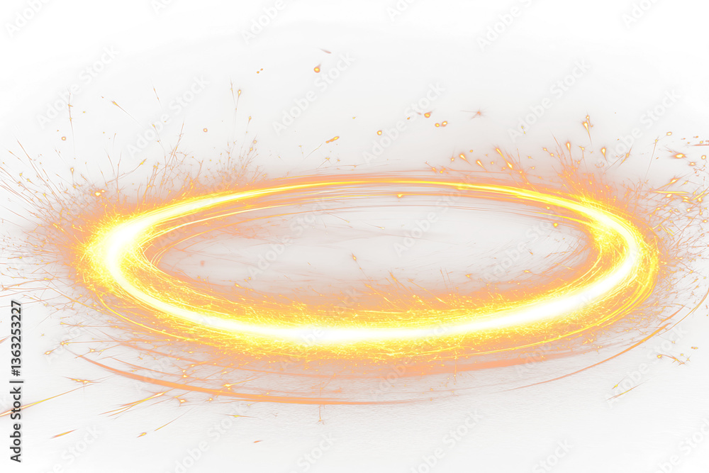 Poster glowing circular light trails with sparks on black background.