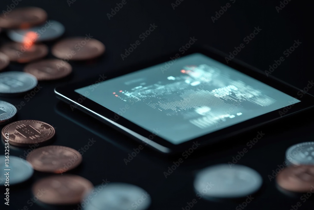 Poster conceptual flat lay featuring glowing tablet with holographic trade data surrounded by coins and shi