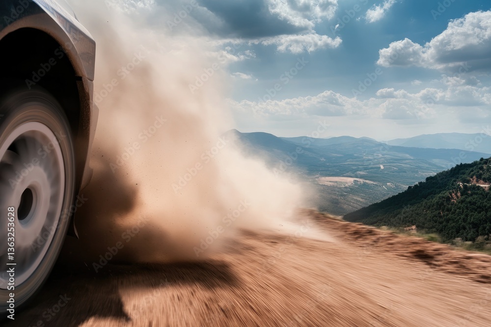 Poster dynamic close-up of rally car in action capturing swirling dust and spinning tires as it speeds arou