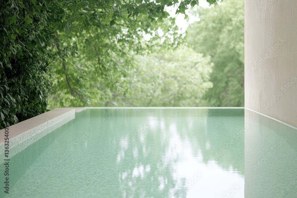 Poster serene spa setting with tranquil pool surrounded by greenery and soft diffused light creates peacefu