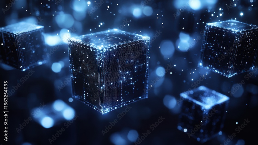 Poster futuristic digital cubes floating in a dark blue space representing data network and technology inno
