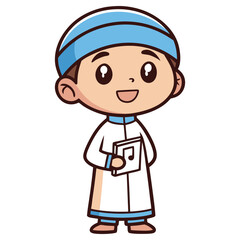 Cartoon Muslim Boy with Blue Turban Holding Book on White