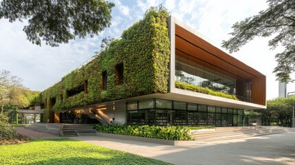 Fototapeta premium Public library with eco-conscious design, living walls, green terraces, and natural ventilation. generative ai