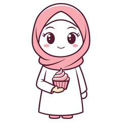 Cartoon Muslim Girl with Pink Hijab Holding Cupcake on Transparent Background