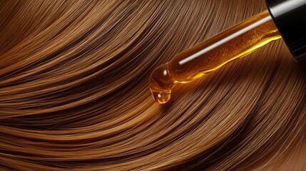 The woman's shiny hair, stroked by an oil dropper above it on the white background. 5