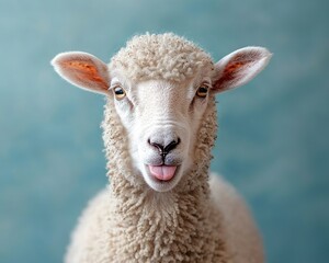 Fototapeta premium Close-up of a playful sheep with its tongue out against a soft blue background