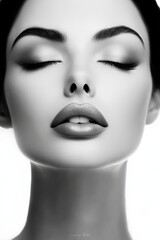 High Key Beauty Portrait of Female Fashion Model with Natural Makeup and Soft Lighting on White Background
