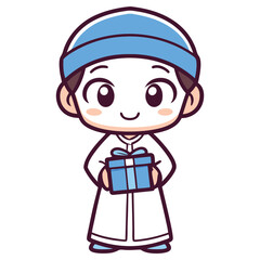 Cute Cartoon Muslim Boy Holds Gift Box with Blue Hat and White Outfit Design