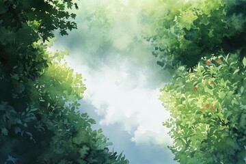 tranquil watercolor illustration capturing serene beauty of sunlit garden with green foliage vibrant flowers and gently