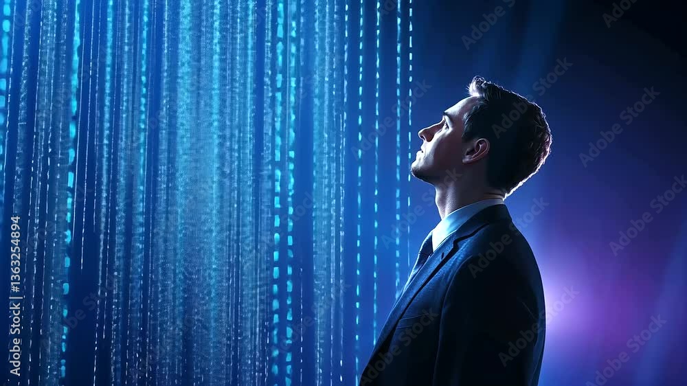 Aufkleber a businessman stands amidst a cascade of binary code, representing the surge of digital innovation.