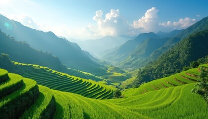 Fototapeta premium Scenic illustration of rice terraces in Vietnam. Verdant green fields cascade down mountain slopes under blue sky. Lush valley scenery. Agriculture landscape. Travel destination.