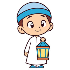 Cartoon Muslim Boy with Lantern in Traditional Dress on White