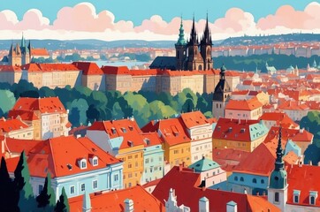 Obraz premium Majestic skyline of Prague showcasing colorful rooftops and historic architecture on a sunny day