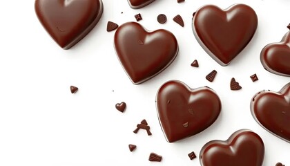 Delicious dark chocolate hearts scattered on white background