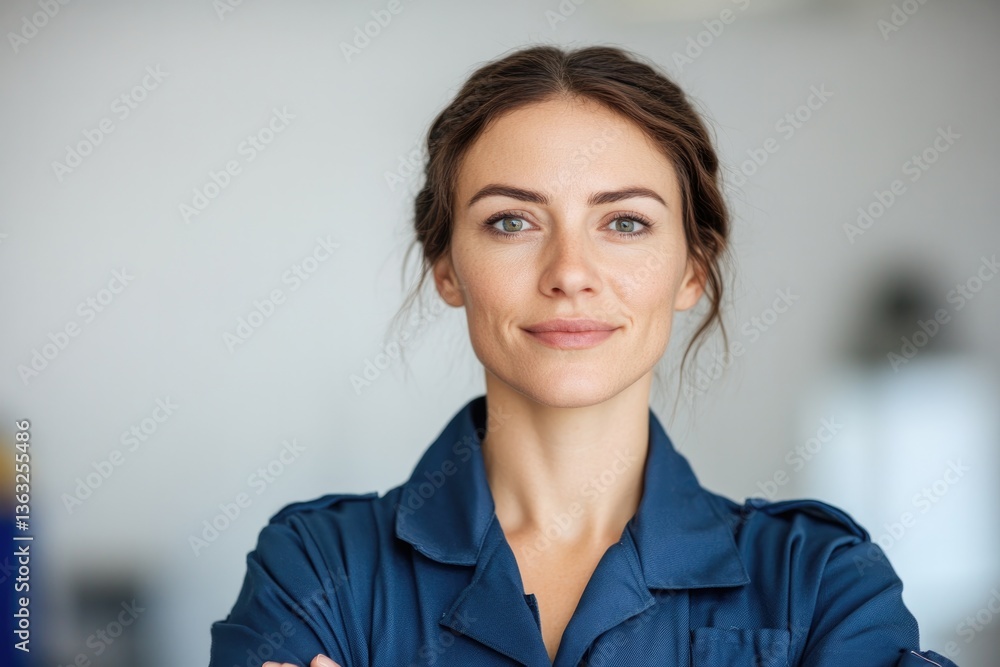 Poster capture cleaning professional in uniform with blurred background in minimalistic style