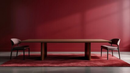 Fototapeta premium Modern and minimalist dining room featuring a sleek wooden table, two elegant chairs, and a vibrant red wall, creating a stylish and inviting space