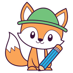 Cartoon Fox with Green Hat Holding Pencil Drawing on Transparent Background