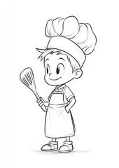 Naklejka premium Child chef cooking, kitchen utensil, happy, cartoon illustration, food blog
