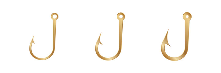 Three shiny gold fishing hooks of various sizes designed for angling and catching different fish types.