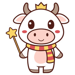 Obraz premium Cartoon Cow with Crown Holding Star Wand, Striped Scarf on Transparent Background