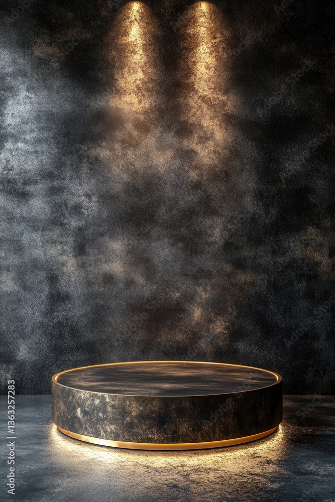 Poster Elegant platform display with textured dark backdrop spotlight illumination for product showcase and presentation in studio setting