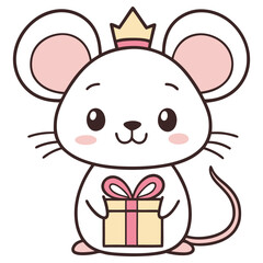 Cartoon Mouse with Crown Holding Gift Box, Cute Animal on Transparent Background
