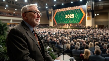 distinguished speaker addresses a large audience at a conference dedicated to planning for future innovations and strategies, highlighting objectives for the year 2025