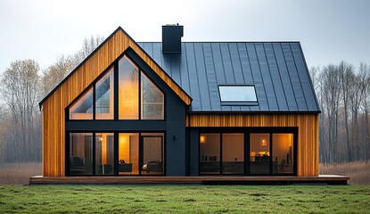 Fototapeta premium Eco-friendly A-shaped Roof House with Natural Wood, Black Tiles, and Silver-framed Windows