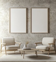 Two blank posters above armchairs and coffee table.