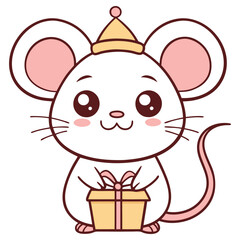 Cartoon White Mouse Holding Gift Isolated on Transparent Background with Birthday Hat