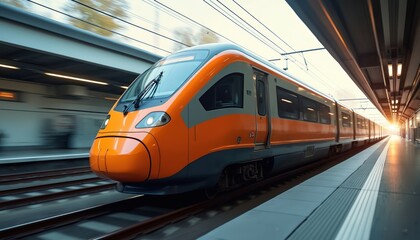 Fototapeta premium High speed bullet train speeding on railway station platform. Modern orange transport. Fast travel concept. Railway station with high-speed train. Journey, transportation, railway system, futuristic