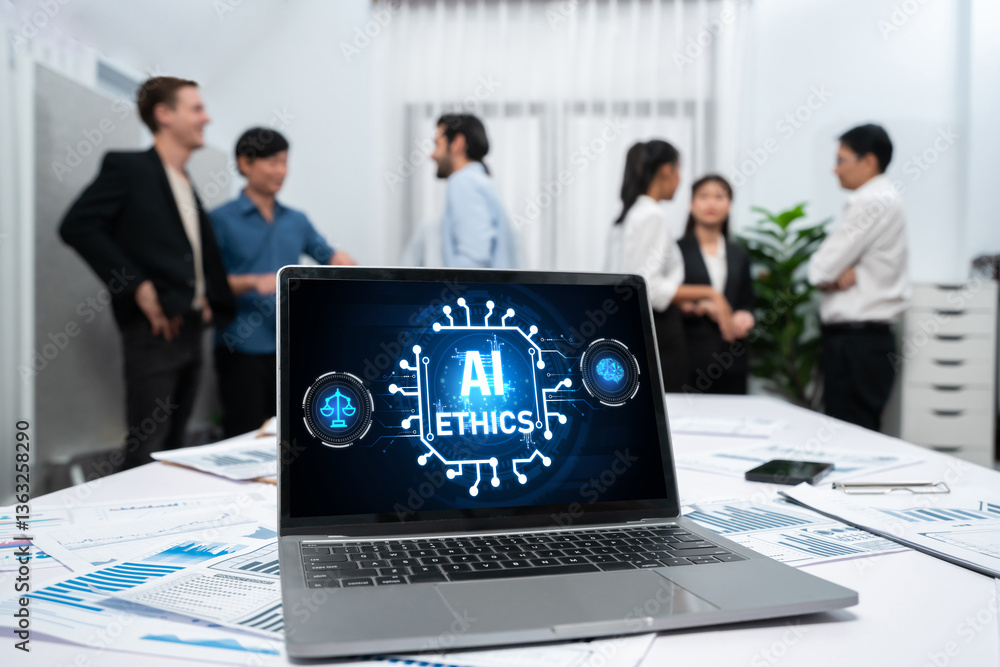 Poster ai ethics responsibility standard law and rules on computer screen provide report of ai ethic transp